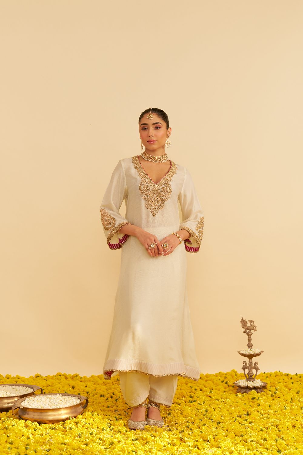 Haayat - Long Kaftan With Salwar-Daisy Ivory
