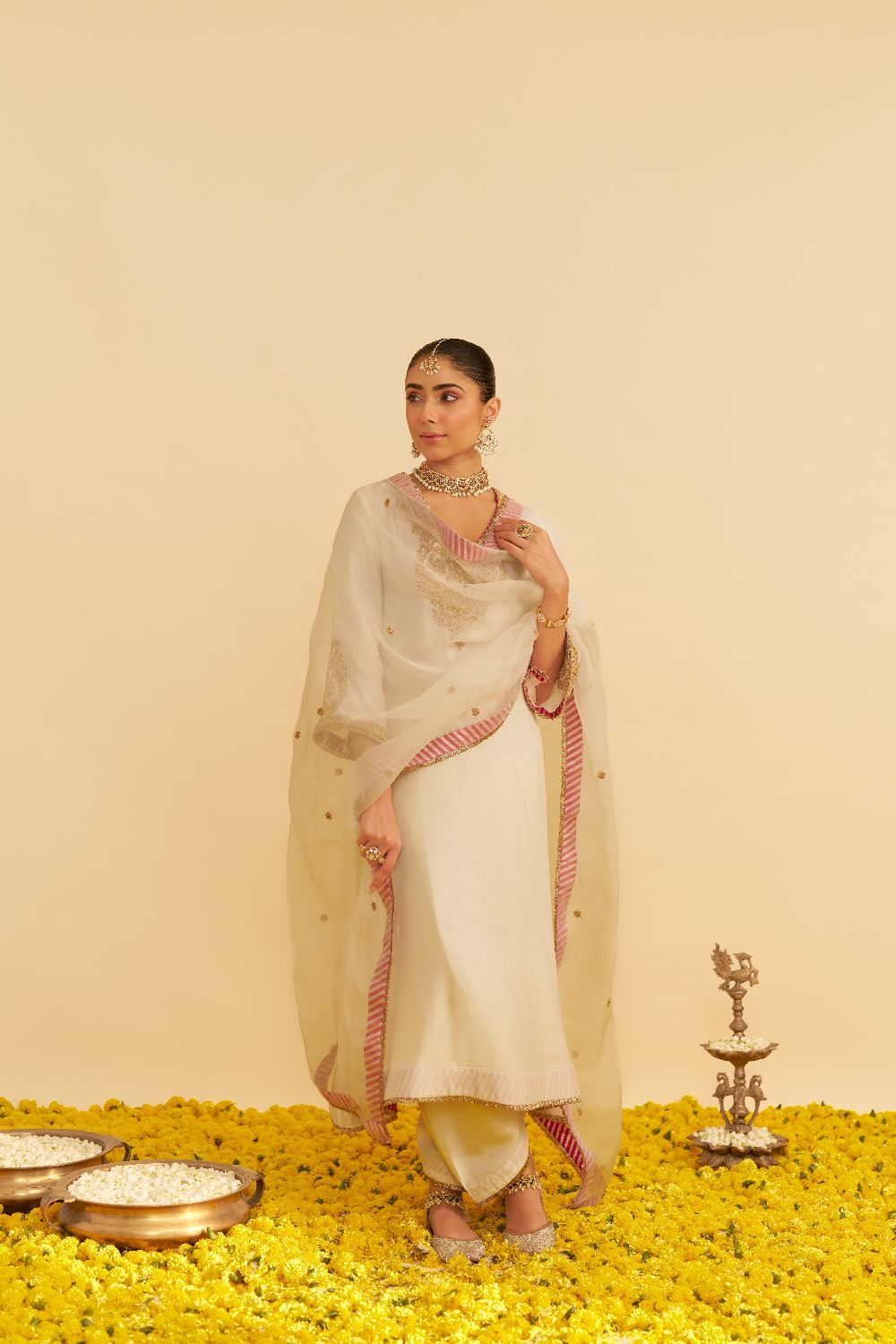 Haayat - Long Kaftan With Salwar-Daisy Ivory