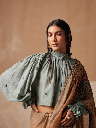 Smocked saree+top -Pale Blue & Tan