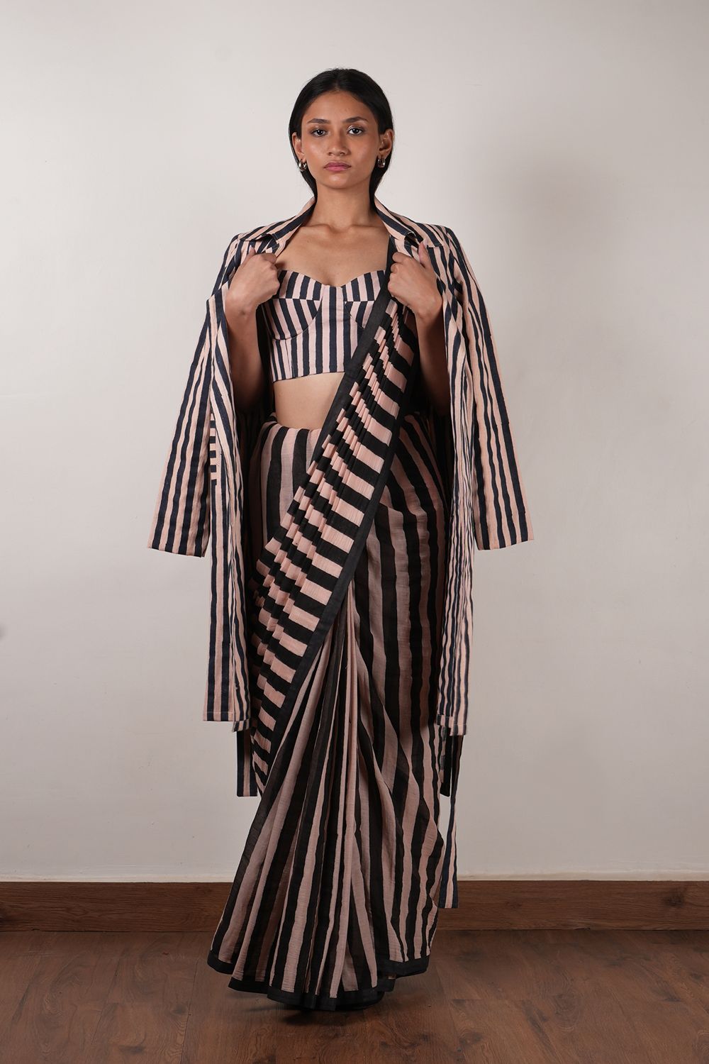 Pink with Charcoal Block Printed Corset, Saree & Trench Set (3 PCS)