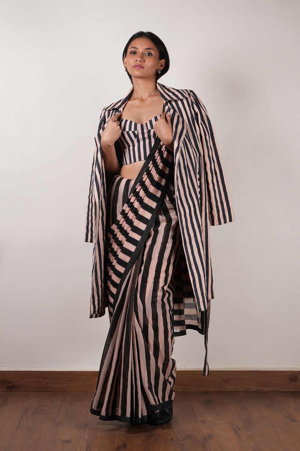 Pink with Charcoal Block Printed Corset, Saree & Trench Set (3 PCS)