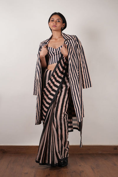 Pink with Charcoal Block Printed Corset, Saree & Trench Set (3 PCS)