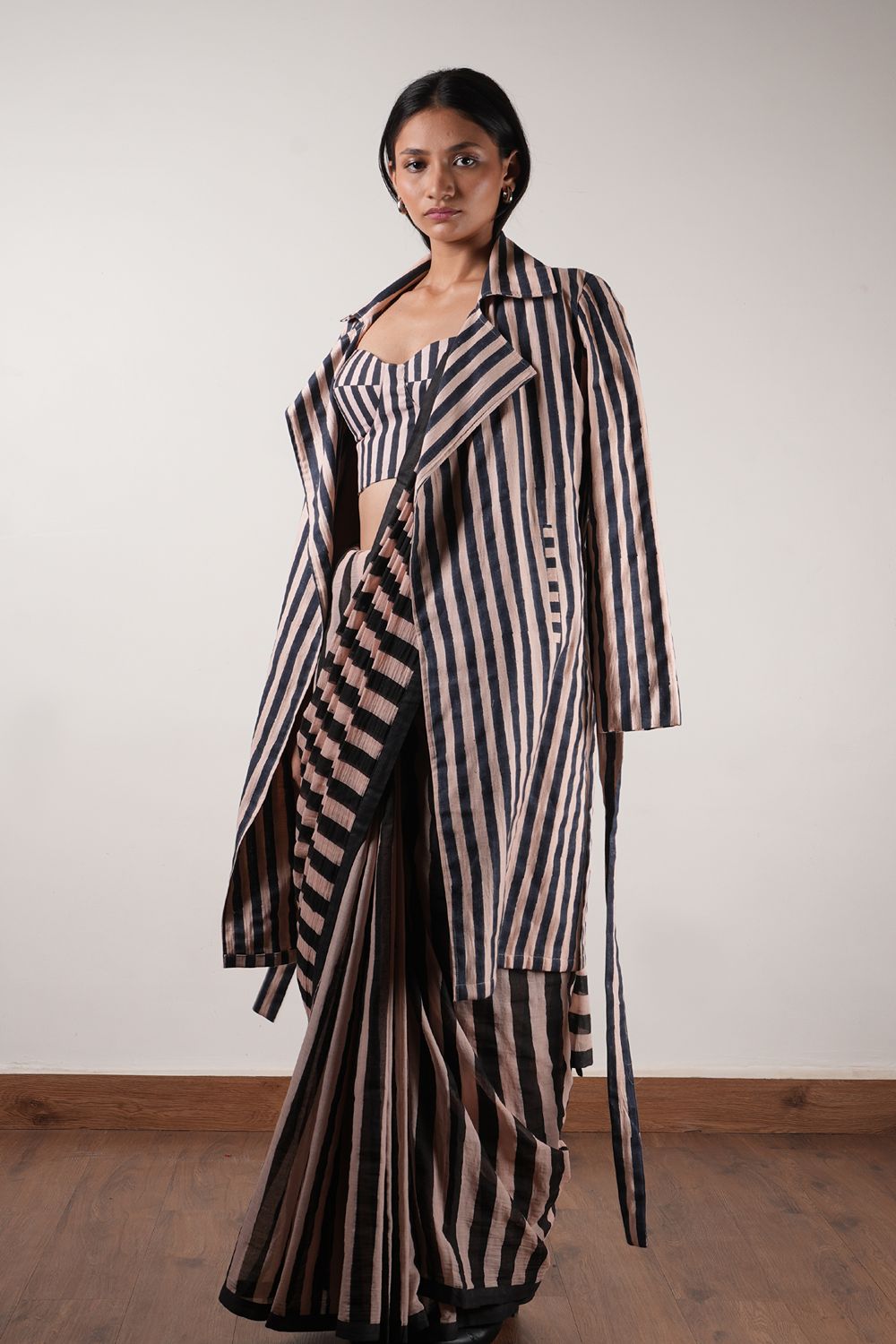Pink with Charcoal Block Printed Corset, Saree & Trench Set (3 PCS)