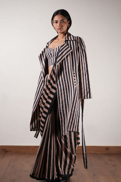 Pink with Charcoal Block Printed Corset, Saree & Trench Set (3 PCS)