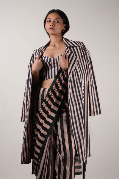 Pink with Charcoal Block Printed Corset, Saree & Trench Set (3 PCS)
