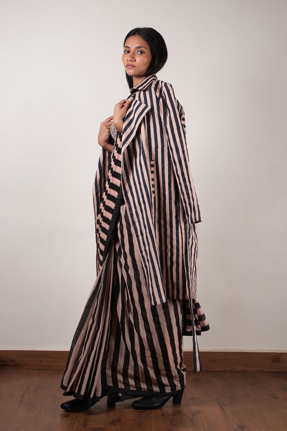 Pink with Charcoal Block Printed Saree