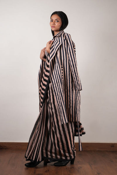 Pink with Charcoal Block Printed Corset, Saree & Trench Set (3 PCS)