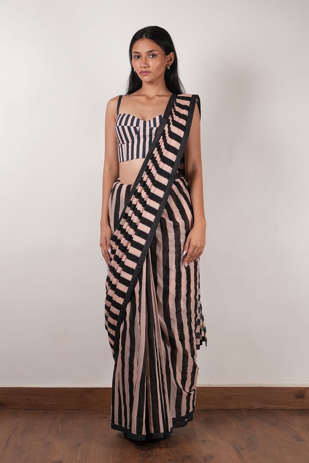 Pink with Charcoal Block Printed Corset & Saree Set (2 PCS)