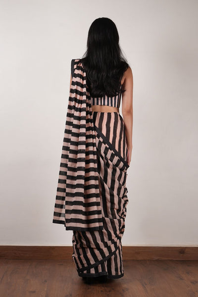 Pink with Charcoal Block Printed Corset & Saree Set (2 PCS)