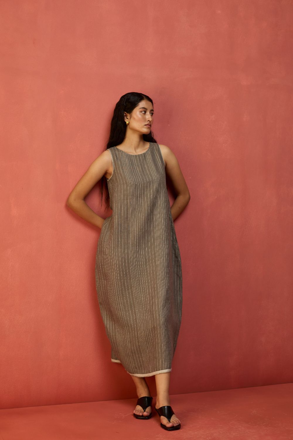 Juro Stripe Linen Parabola Dress - Grey