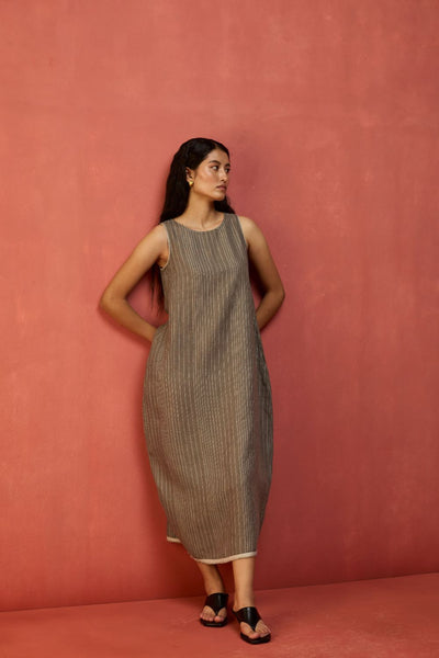 Juro Stripe Linen Parabola Dress - Grey