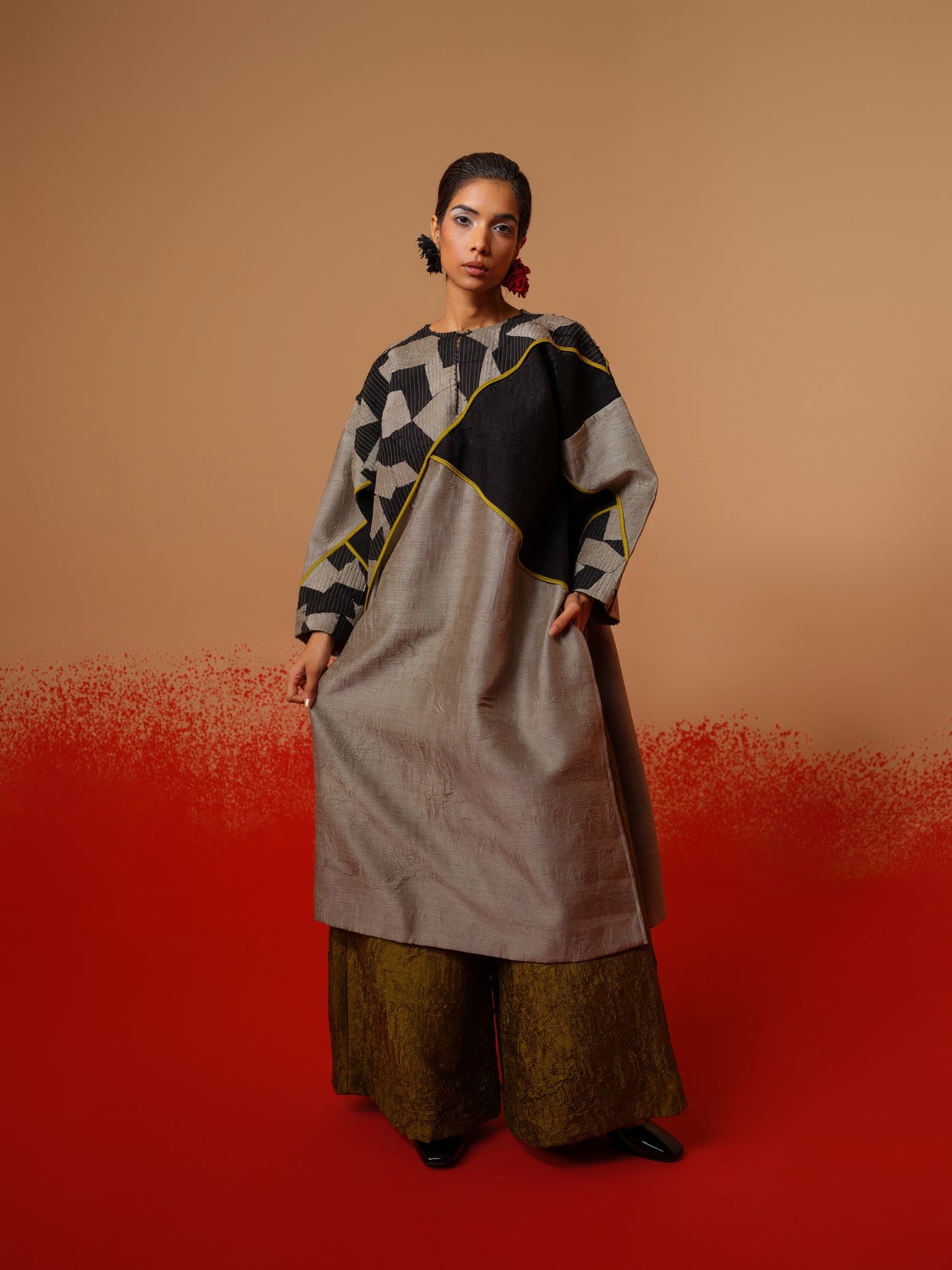Crest Tunic-Grey + Black + Moss Green