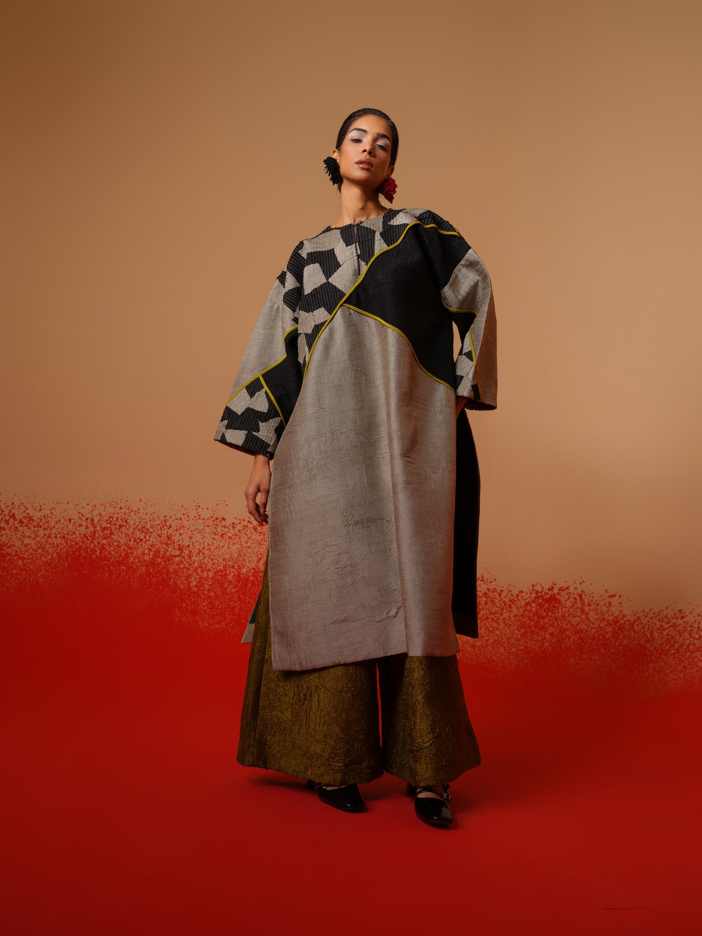 Crest Tunic-Grey + Black + Moss Green