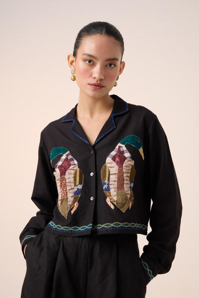 CROP SET-BLACK DUCK APPLIQUE (AVA SHIRT+APPLIQUE PANTS )