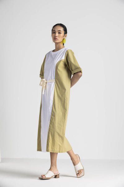 CONTRAST PANEL DRESS - MOSS GREEN