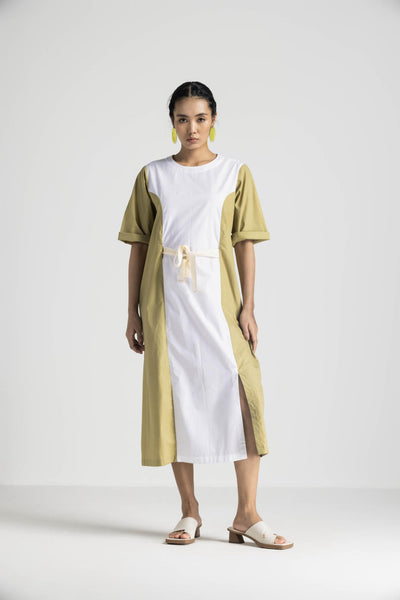 CONTRAST PANEL DRESS - MOSS GREEN