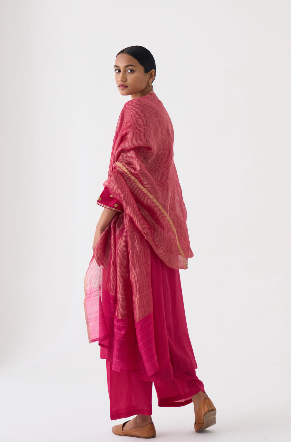 Rani Pink Zari Stripped Chanderi Dupatta