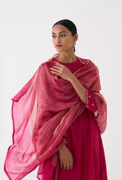 Rani Pink Zari Stripped Chanderi Dupatta