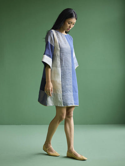 Lina Color-Blocked Linen Dress -
 Navy