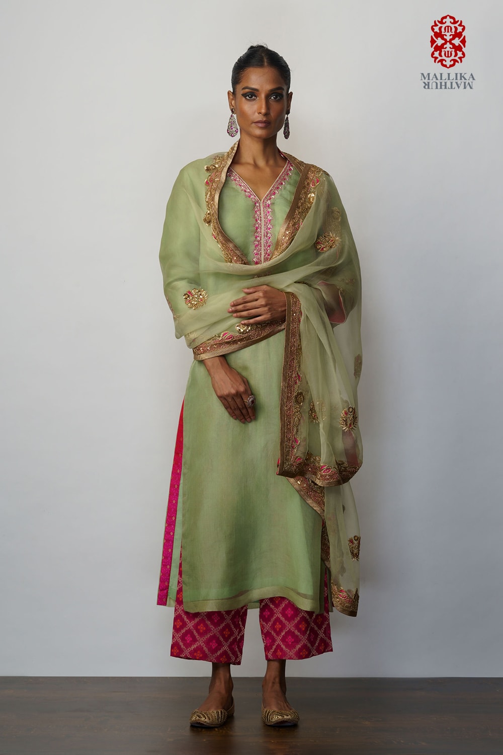 kora Mint 3 pc set with green embroidered Dupatta