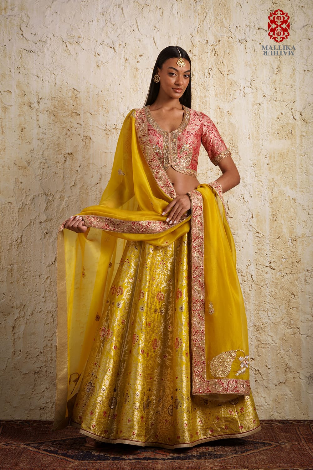 Shaheen Basanti yellow silk brocade lehenga