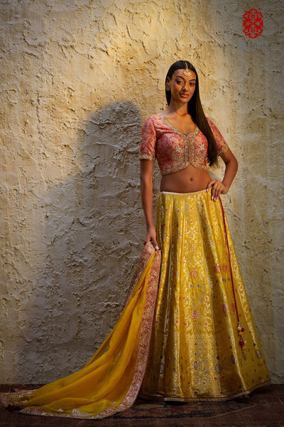 Shaheen Basanti yellow silk brocade lehenga