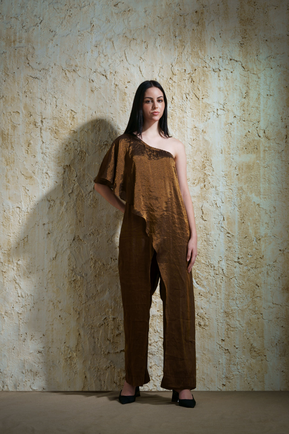 Zora burnt gold silk tissue jumpsuit