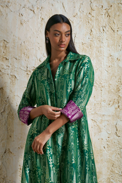 Vriksha collared tunic and slim pants in munga silk-emerald green