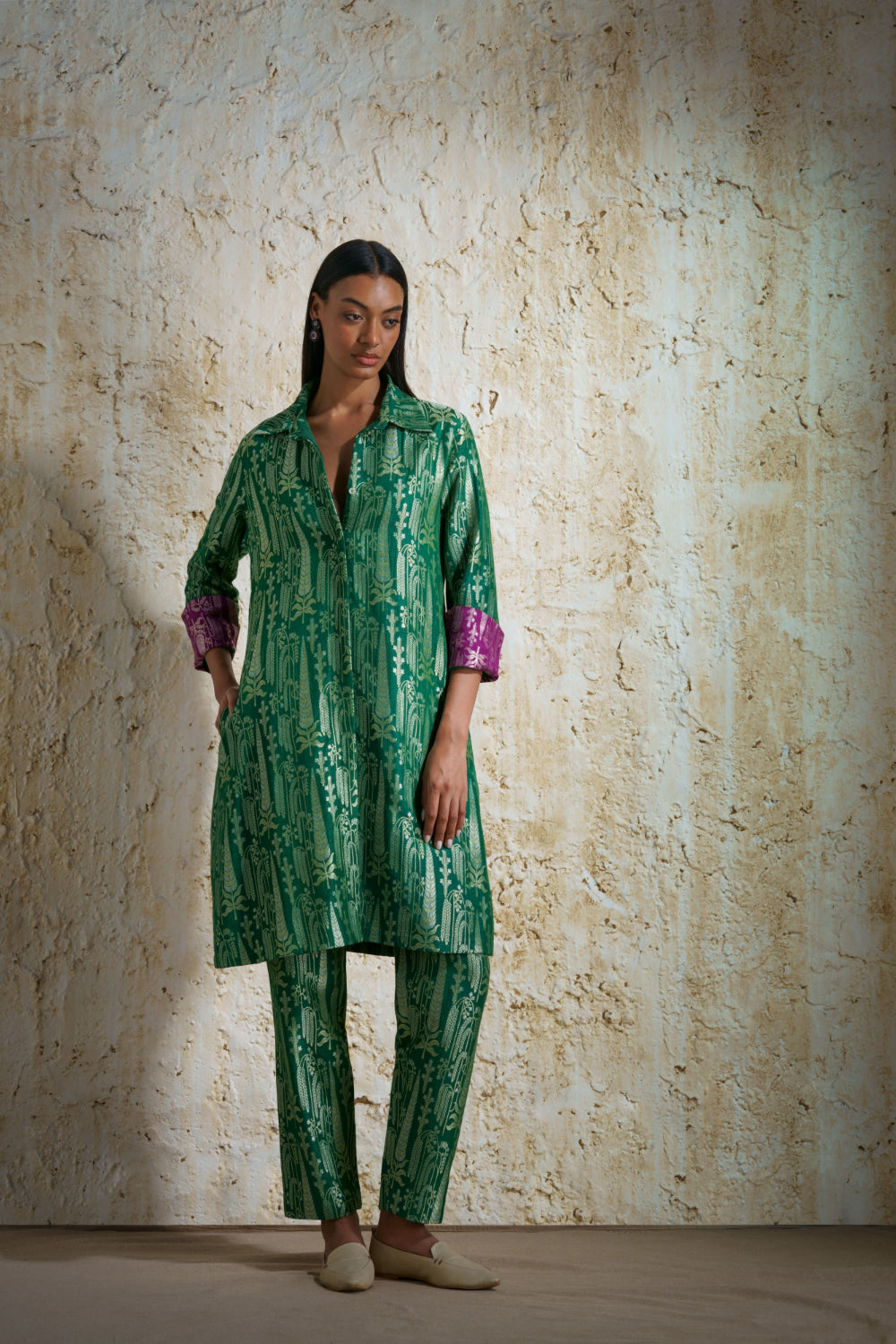 Vriksha collared tunic and slim pants in munga silk-emerald green