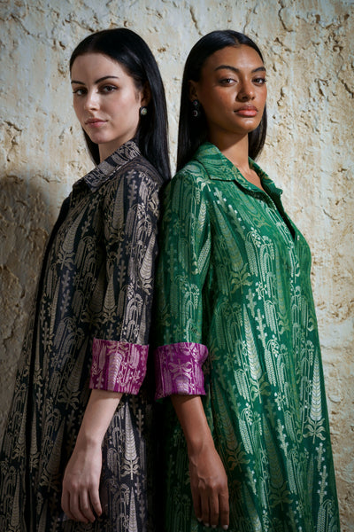 Vriksha collared tunic and slim pants in munga silk-emerald green
