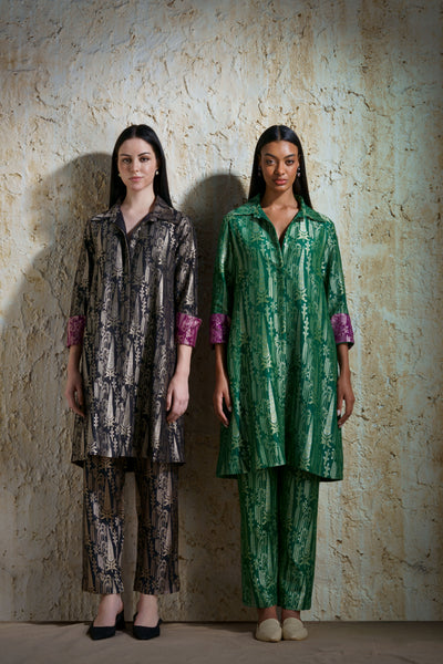 Vriksha collared tunic and slim pants in munga silk-emerald green