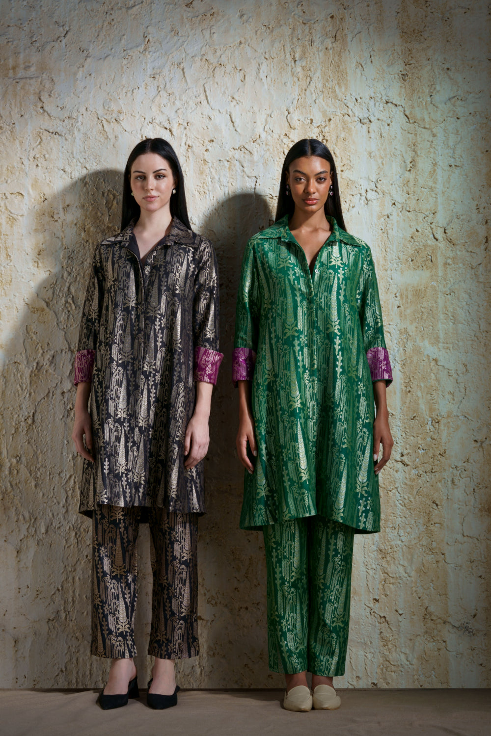 Vriksha collared tunic and slim pants in munga silk-black