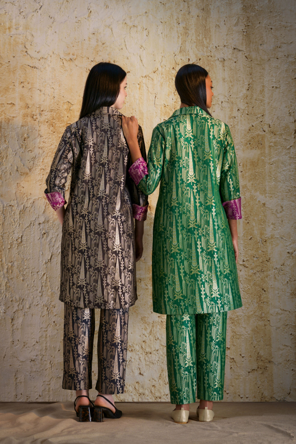 Vriksha collared tunic and slim pants in munga silk-black