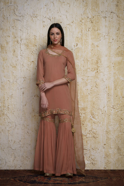 Gulnaz old rose georgette kurta paired with a gharara hand embroidered