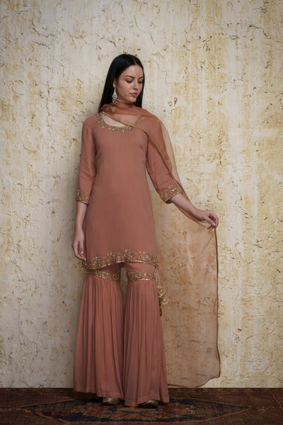 Gulnaz old rose georgette kurta paired with a gharara hand embroidered