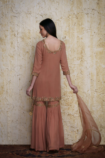 Gulnaz old rose georgette kurta paired with a gharara hand embroidered