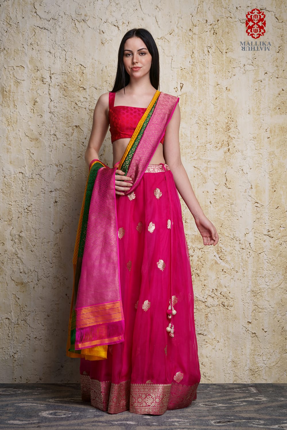Kora silk skirt appliquéd in antique silver zari motifs