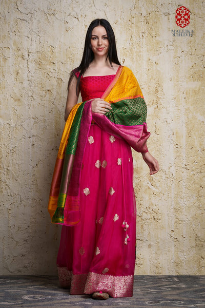 Kora silk skirt appliquéd in antique silver zari motifs