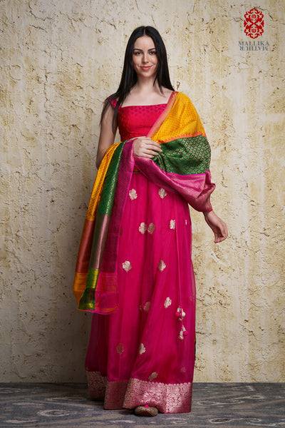 Ashrafi dupatta silk rangkat-yellow & pink
