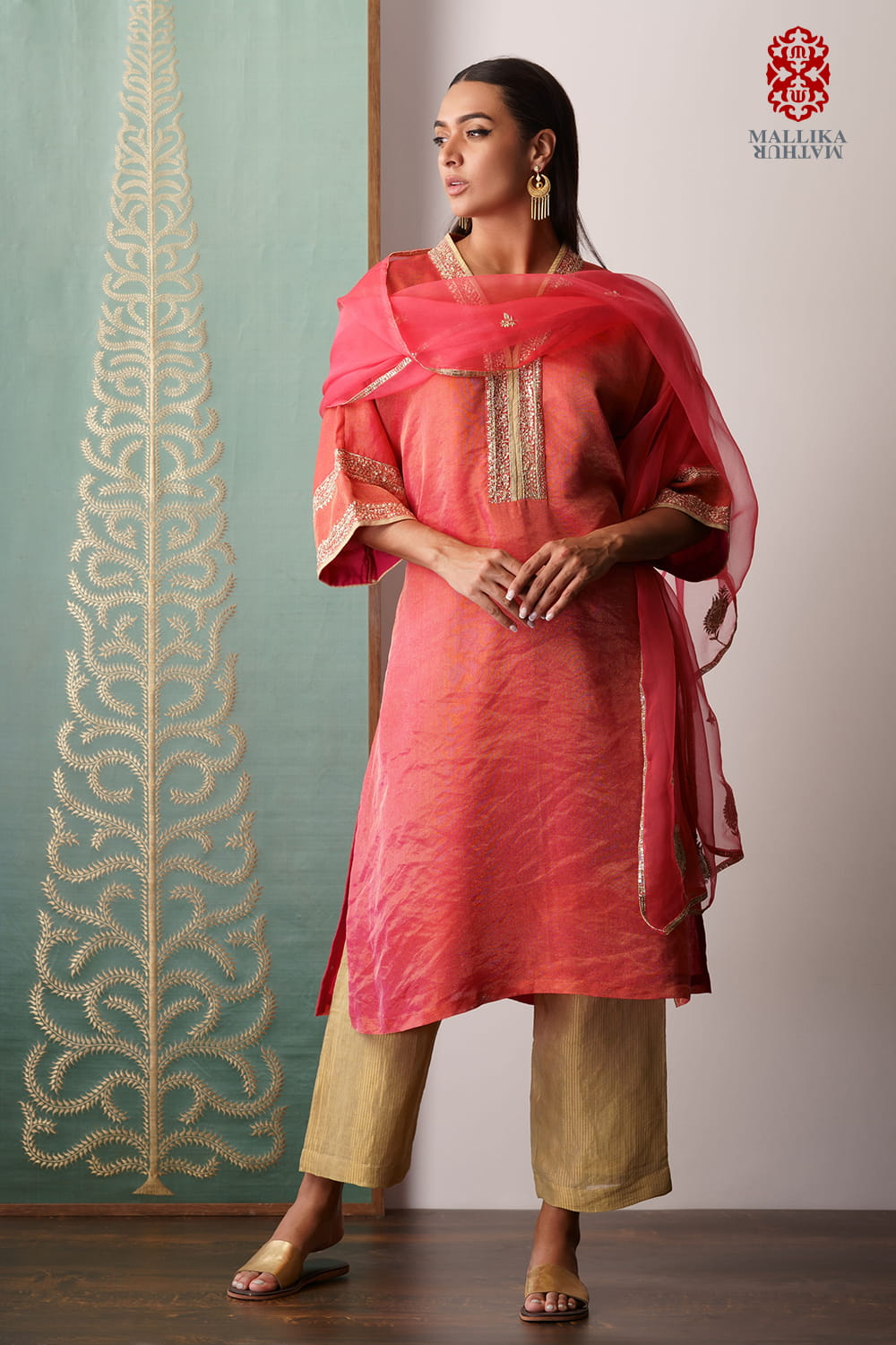 Dupatta kora coral orange embroidered