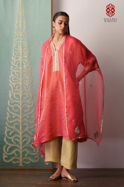 Dupatta kora coral orange embroidered