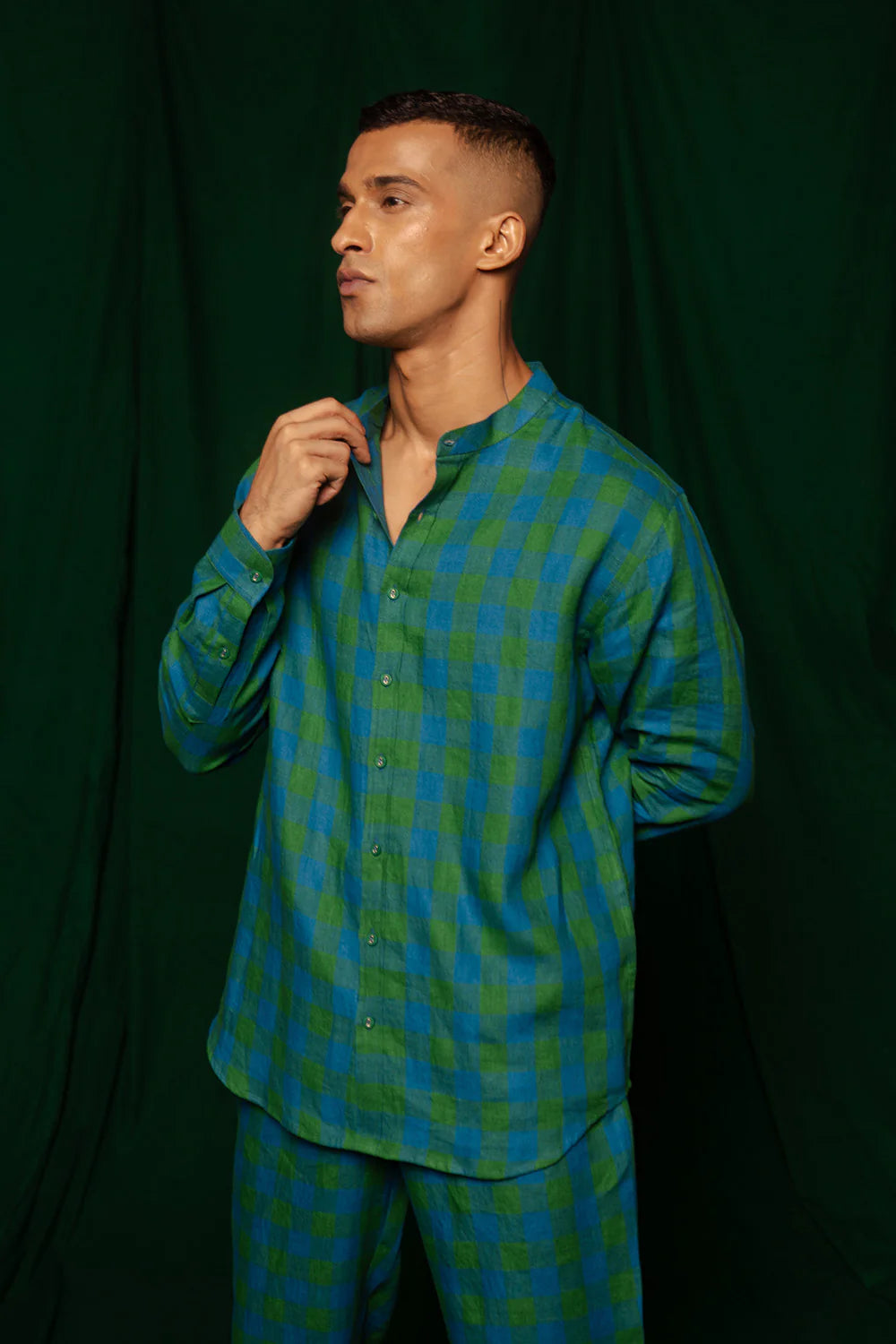 Forest Linen Band Collar Shirt
