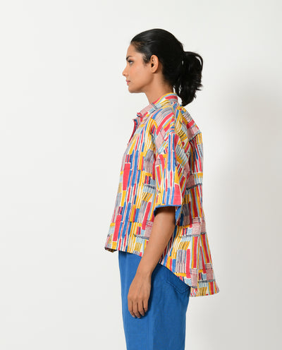 SCRIBBLE HAND BLOCK LINEN CROP SHIRT