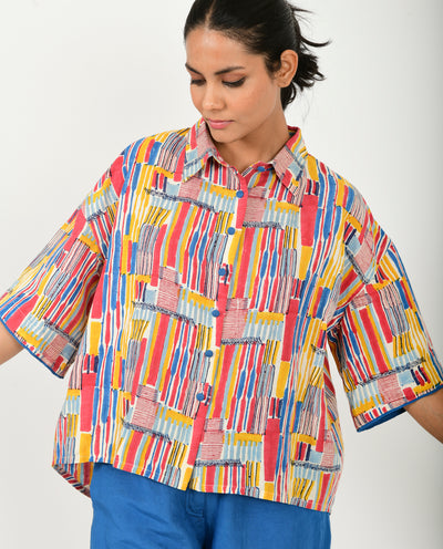 SCRIBBLE HAND BLOCK LINEN CROP SHIRT