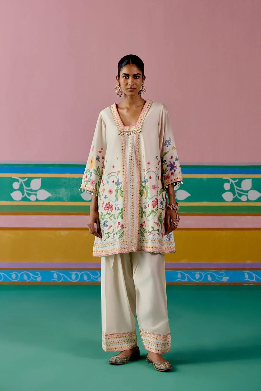 Ecru Floral Square Neck Kurta Set