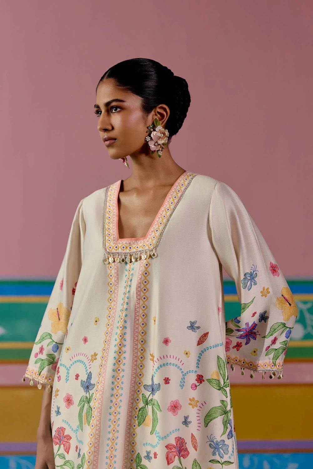 Ecru Floral Square Neck Kurta Set