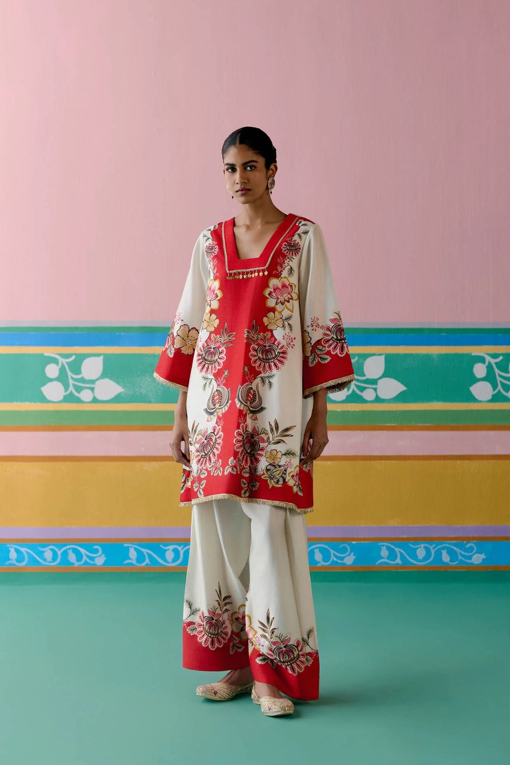Ecru & Red Floral Square Neck Kurta Set