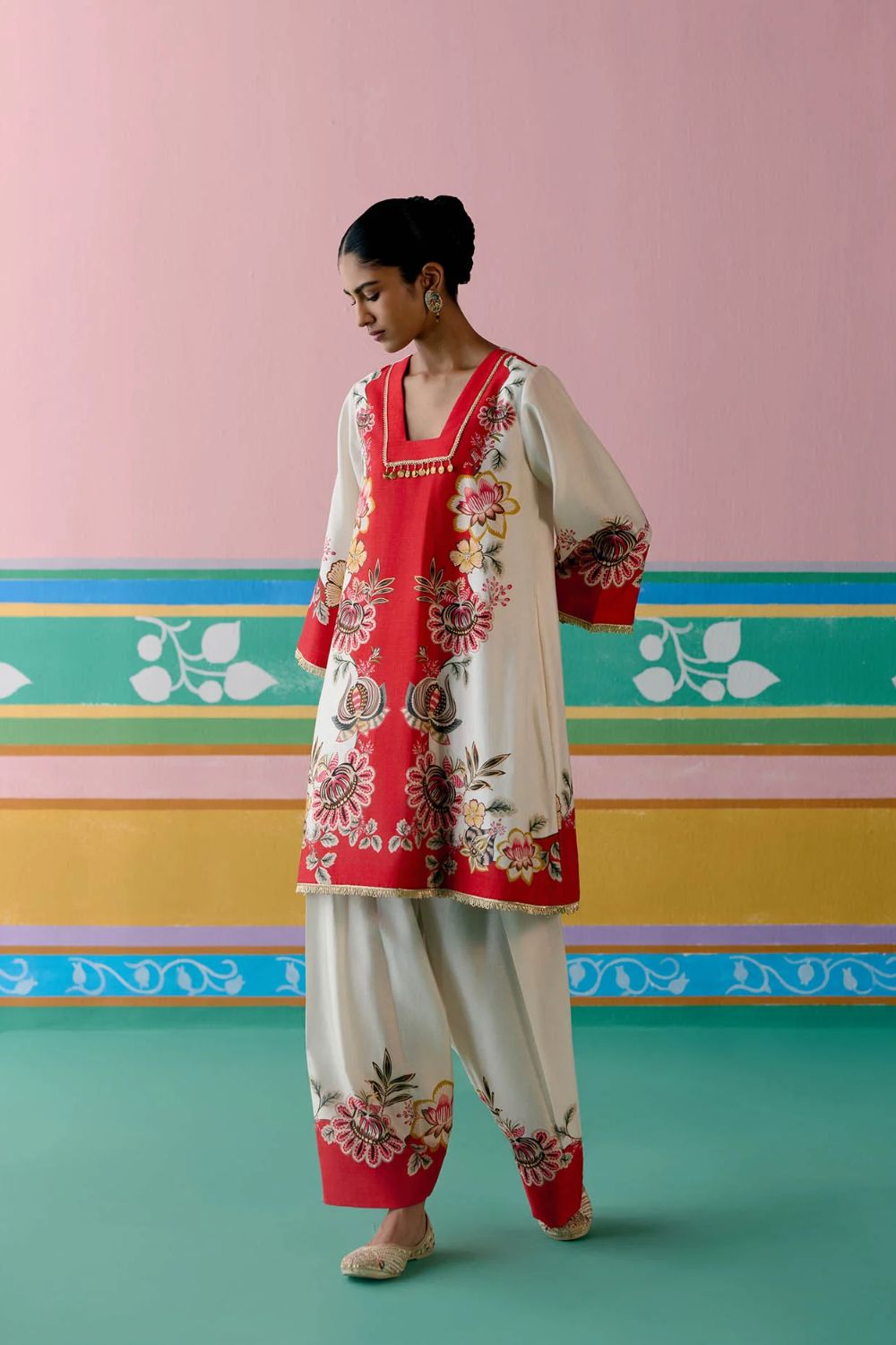 Ecru & Red Floral Square Neck Kurta Set