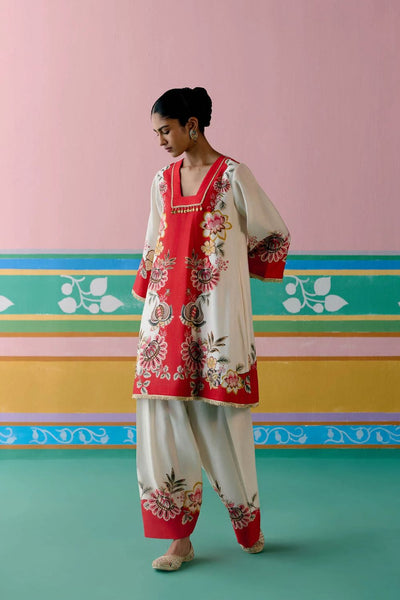 Ecru & Red Floral Square Neck Kurta Set