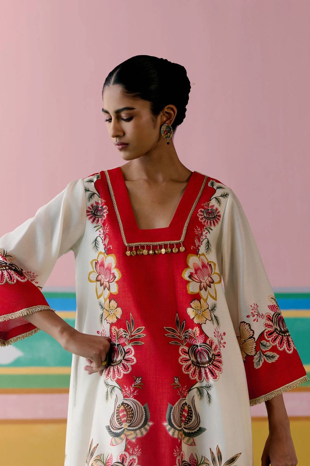 Ecru & Red Floral Square Neck Kurta Set